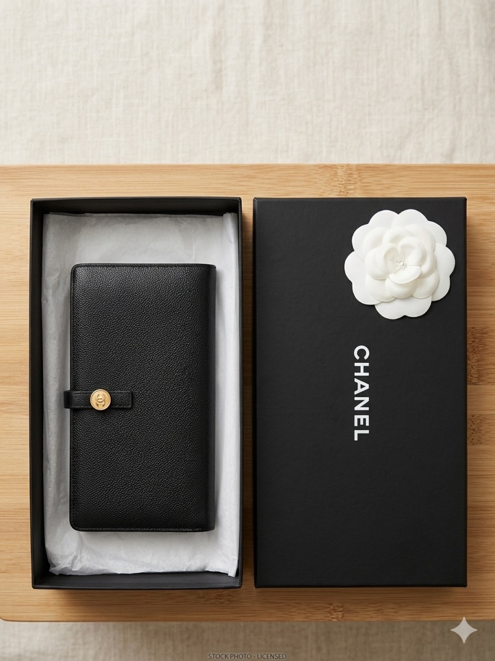 CHANEL Black Quilted Long Wallet with Gold-Tone CC Button